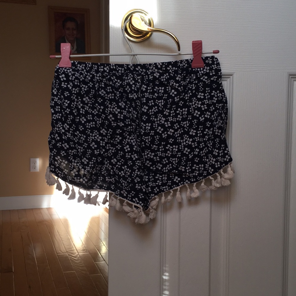 Navy Blue Floral Shorts with Cream Tassels